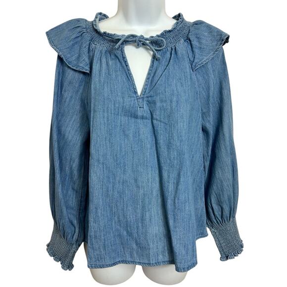 Old Navy Puff Sleeve Non-Stretch Jean Ruffle-Trimmed Poet Blouse Sz Small Denim - Picture 7 of 10